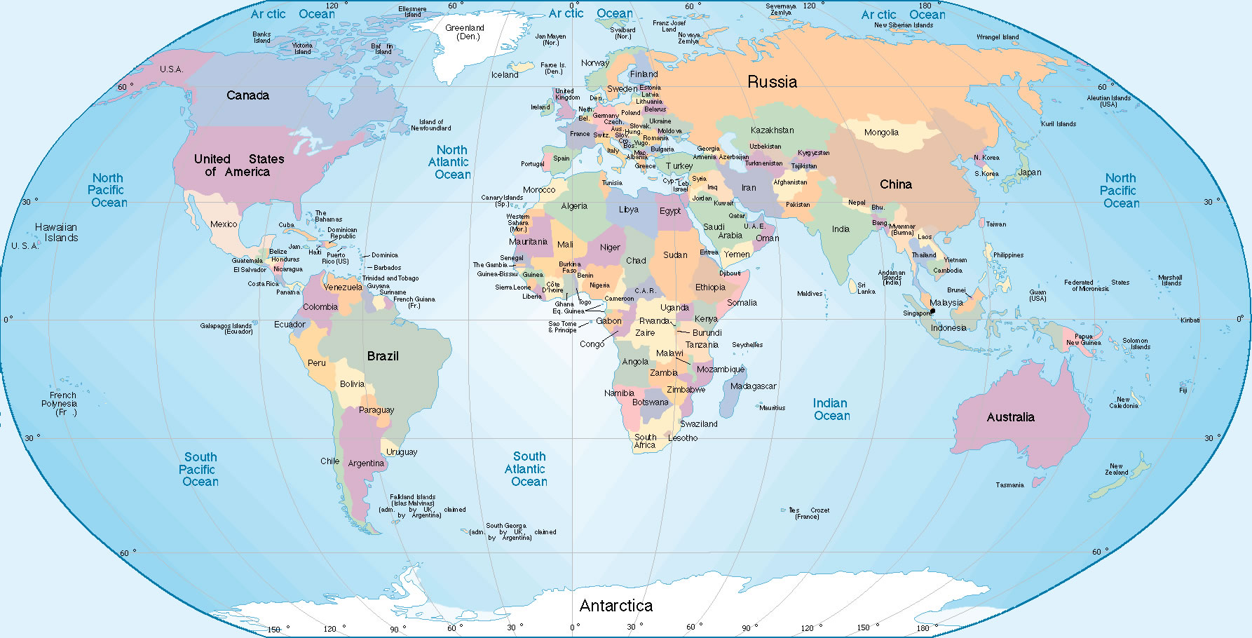 Planisphère monde pays en anglais