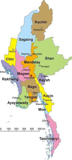 Carte régions Birmanie couleur