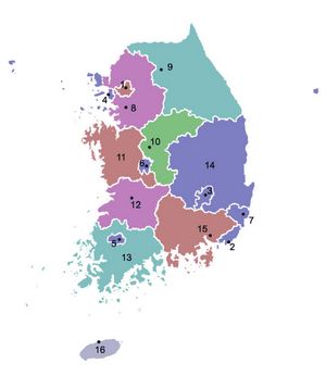 Carte Corée du Sud vierge numéros régions