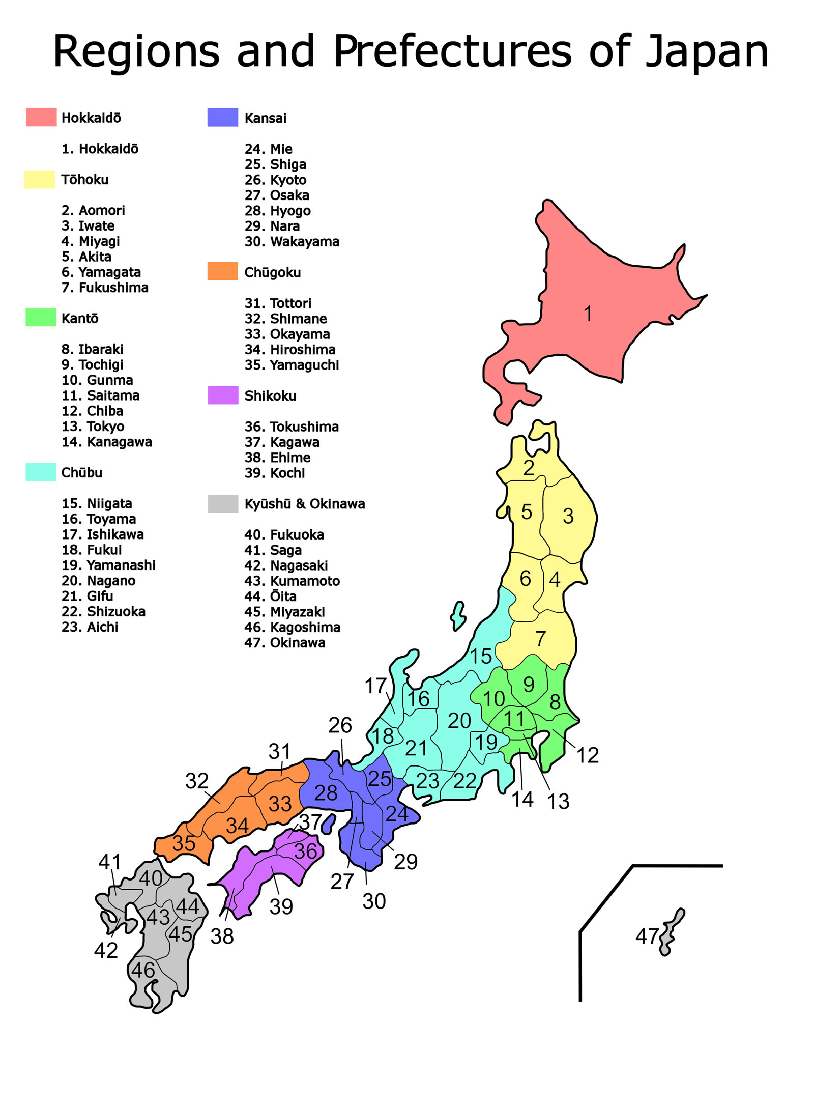 Carte Japon vierge numéros régions, Carte vierge des numéros régions du Japon