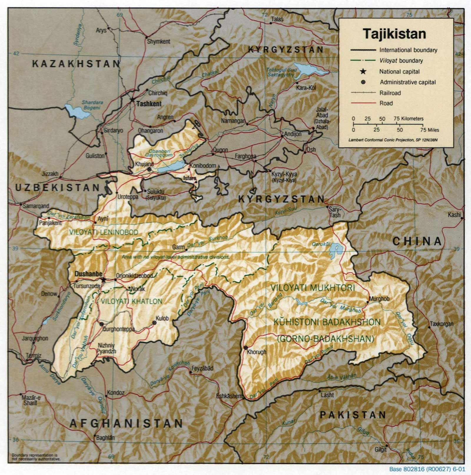 Carte des reliefs de Tadjikistan