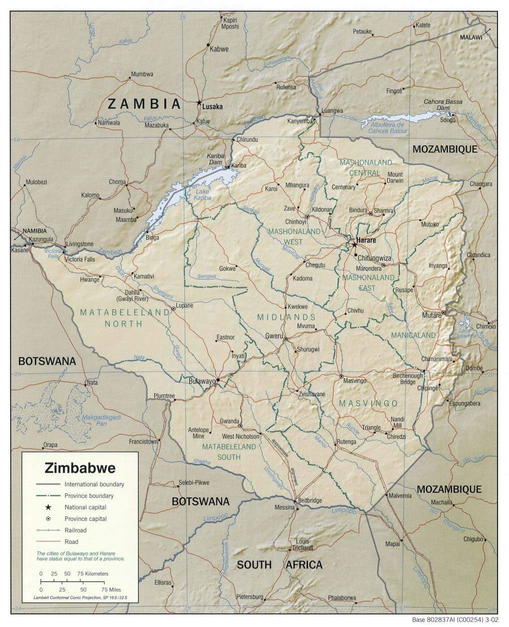 Carte des reliefs de Zimbabwe