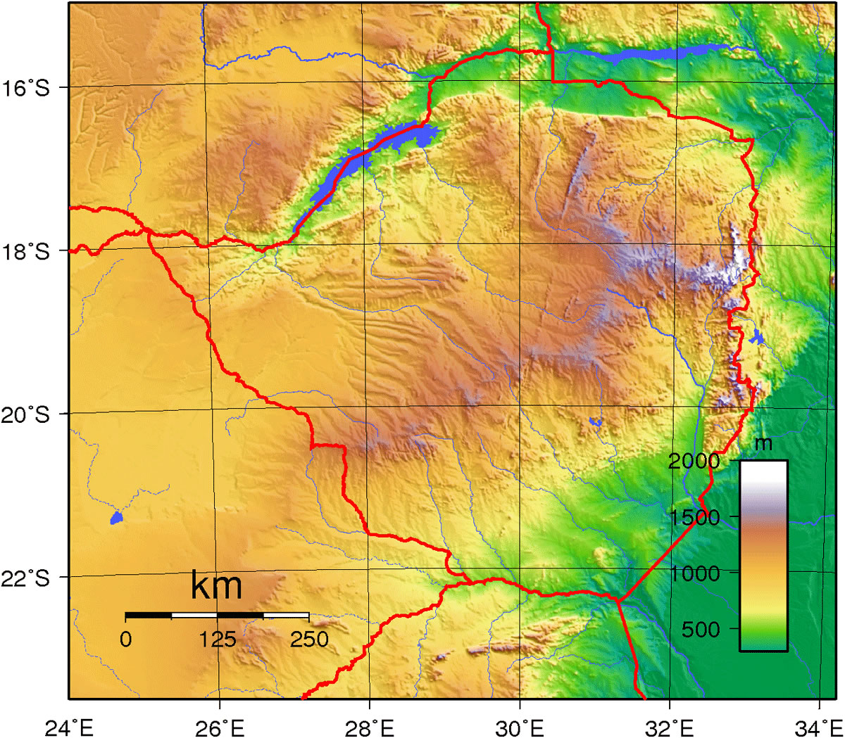 Carte topographique de Zimbabwe