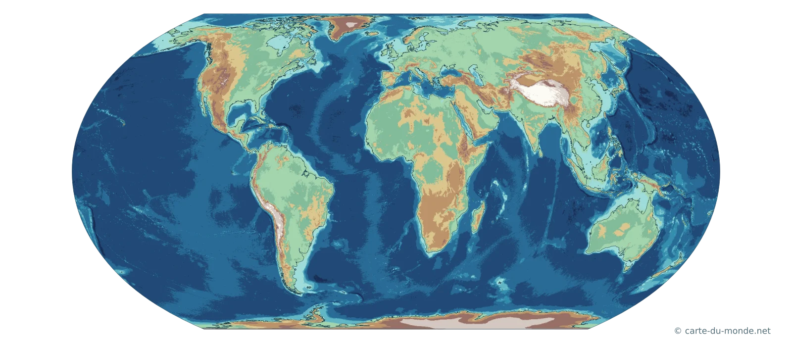 Carte physique du monde avec relief