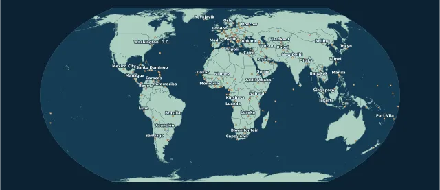 Carte des capitales en projection Equal Earth