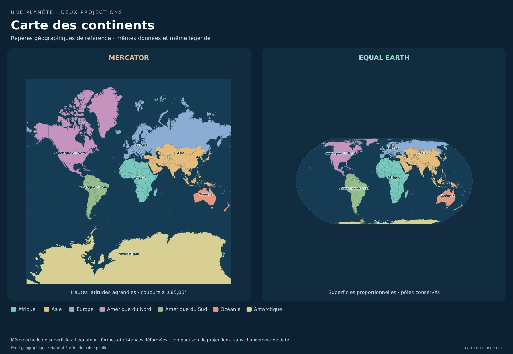 Carte des continents : comparaison de Mercator et Equal Earth avec les mêmes données. Repères géographiques de référence