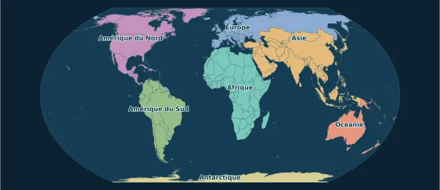 Carte des continents en projection Equal Earth