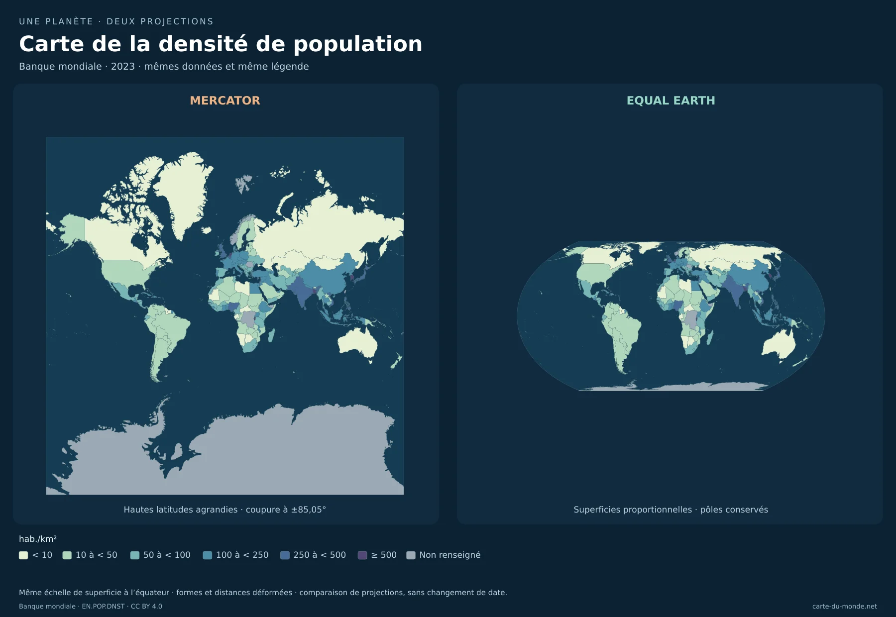 Carte de la densité de population : comparaison de Mercator et Equal Earth avec les mêmes données. Banque mondiale · 2023