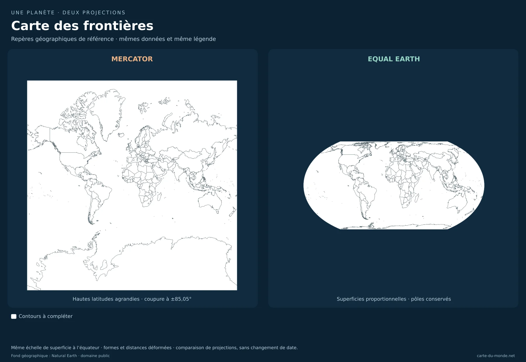 Carte des frontières : comparaison de Mercator et Equal Earth avec les mêmes données. Repères géographiques de référence
