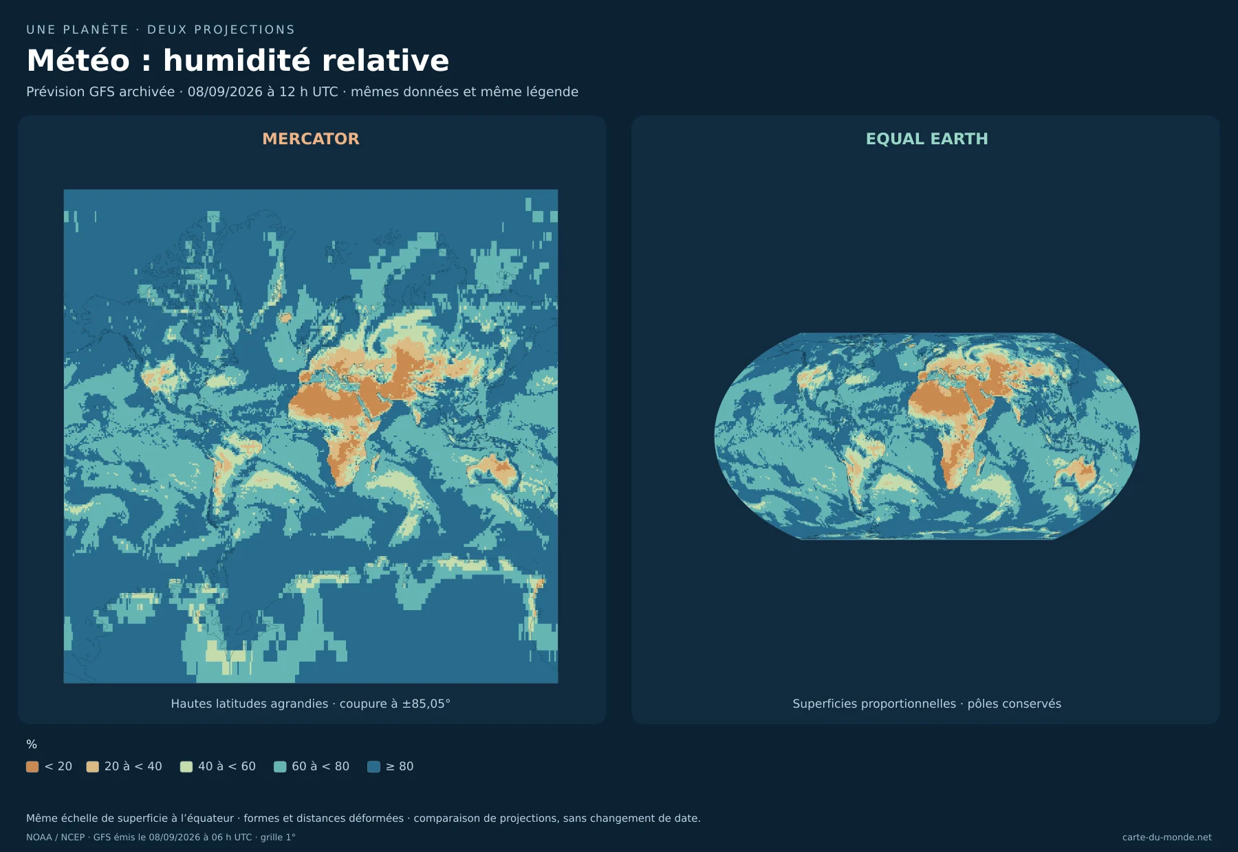 Météo — humidité relative : comparaison de Mercator et Equal Earth avec les mêmes données. Prévision GFS archivée · 08/09/2026 à 12 h UTC