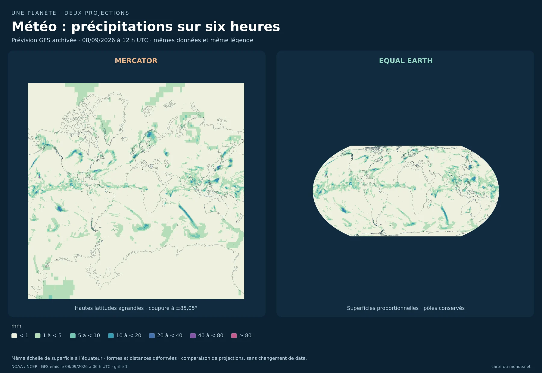 Météo — précipitations sur six heures : comparaison de Mercator et Equal Earth avec les mêmes données. Prévision GFS archivée · 08/09/2026 à 12 h UTC