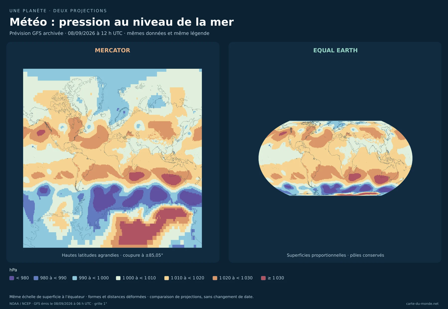Météo — pression au niveau de la mer : comparaison de Mercator et Equal Earth avec les mêmes données. Prévision GFS archivée · 08/09/2026 à 12 h UTC