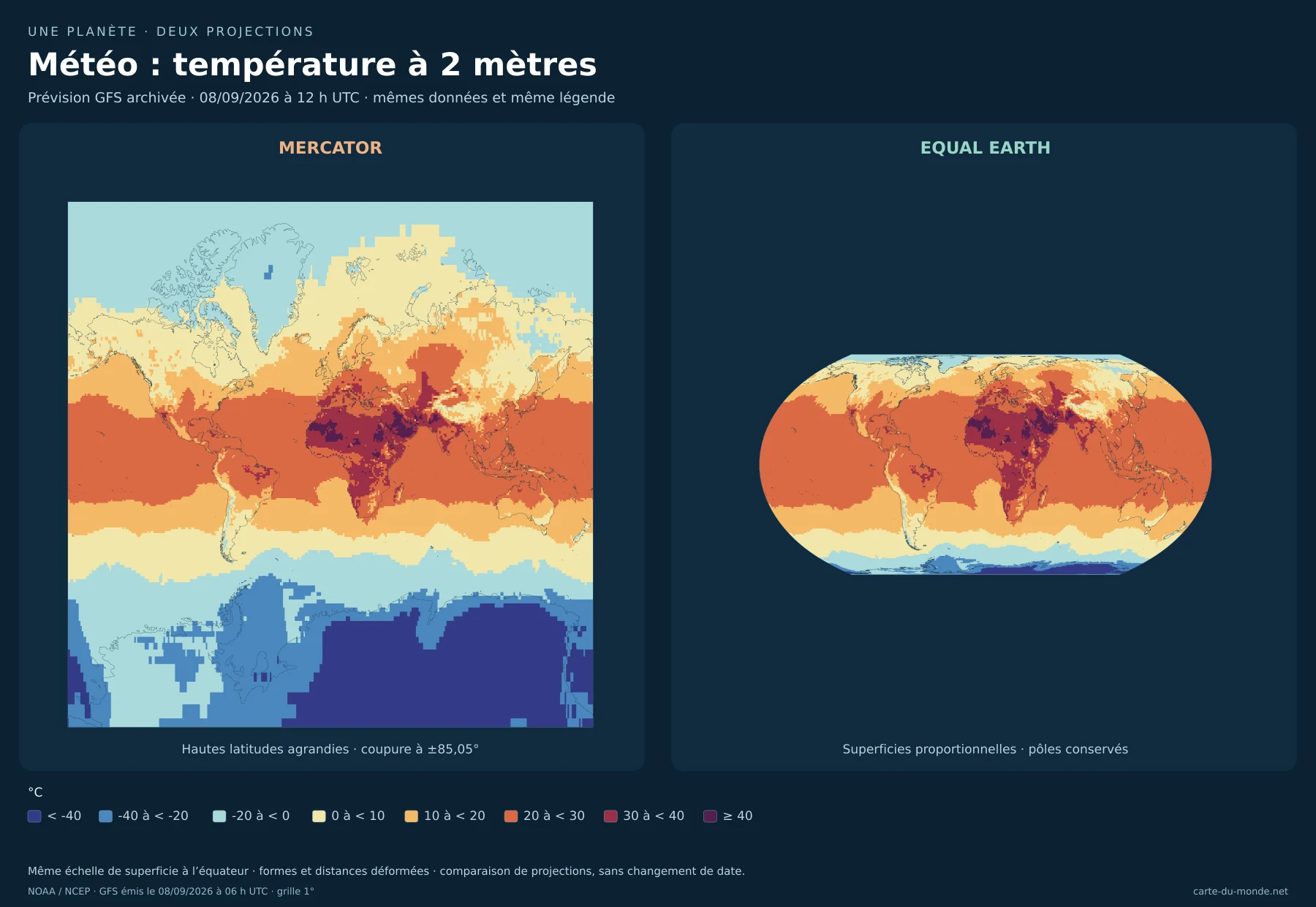 Météo — température à 2 mètres : comparaison de Mercator et Equal Earth avec les mêmes données. Prévision GFS archivée · 08/09/2026 à 12 h UTC