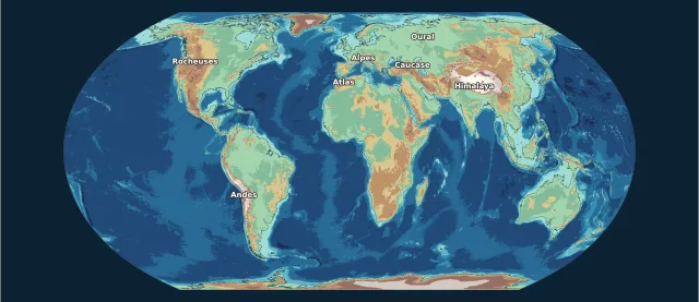 Carte des montagnes et des reliefs en projection Equal Earth