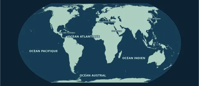 Carte des océans et des mers en projection Equal Earth