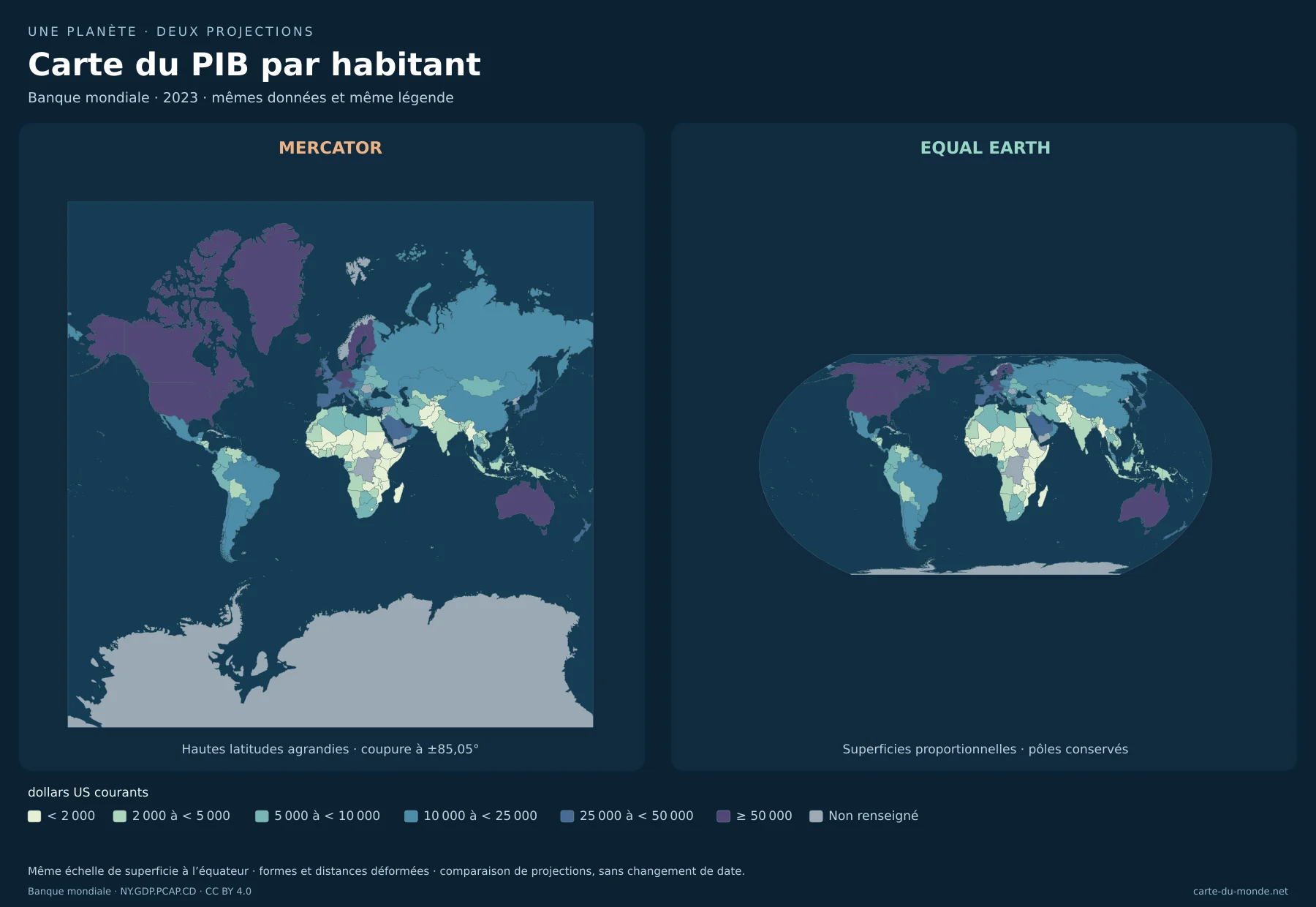 Carte du PIB par habitant : comparaison de Mercator et Equal Earth avec les mêmes données. Banque mondiale · 2023