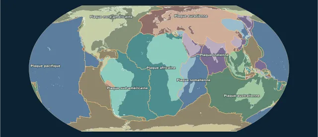 Carte des plaques tectoniques en projection Equal Earth