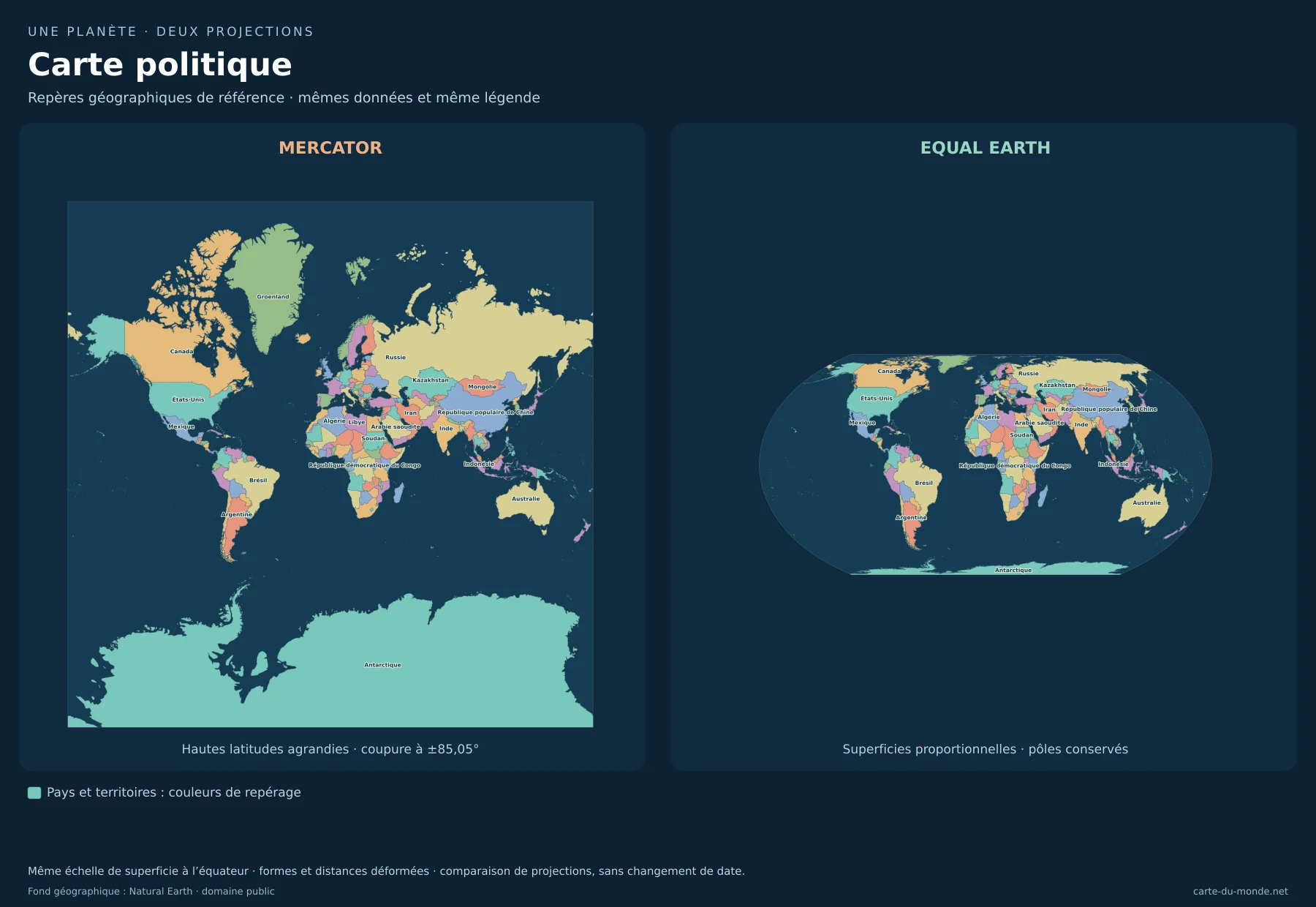 Carte politique : comparaison de Mercator et Equal Earth avec les mêmes données. Repères géographiques de référence