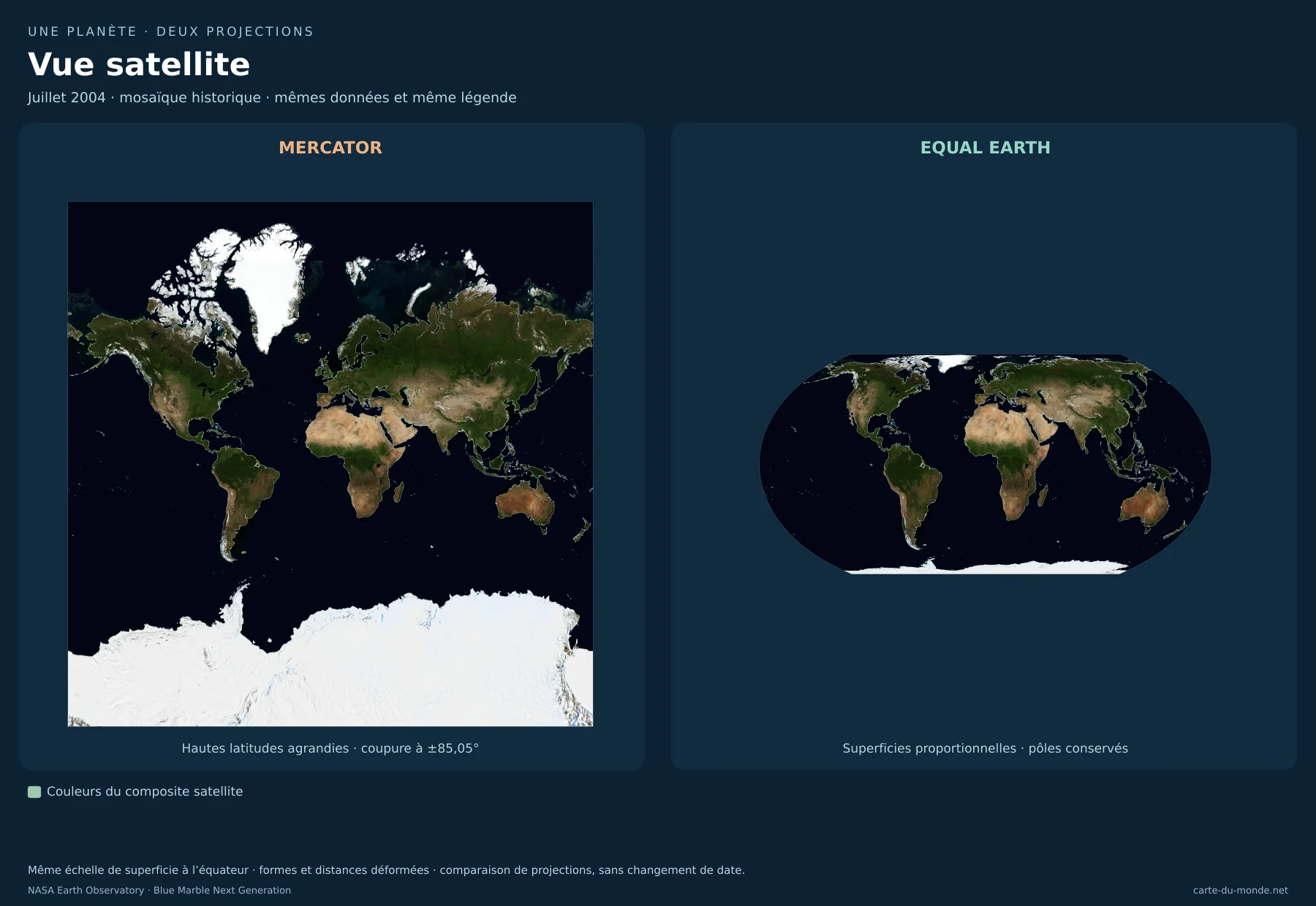 Vue satellite : comparaison de Mercator et Equal Earth avec les mêmes données. Juillet 2004 · mosaïque historique