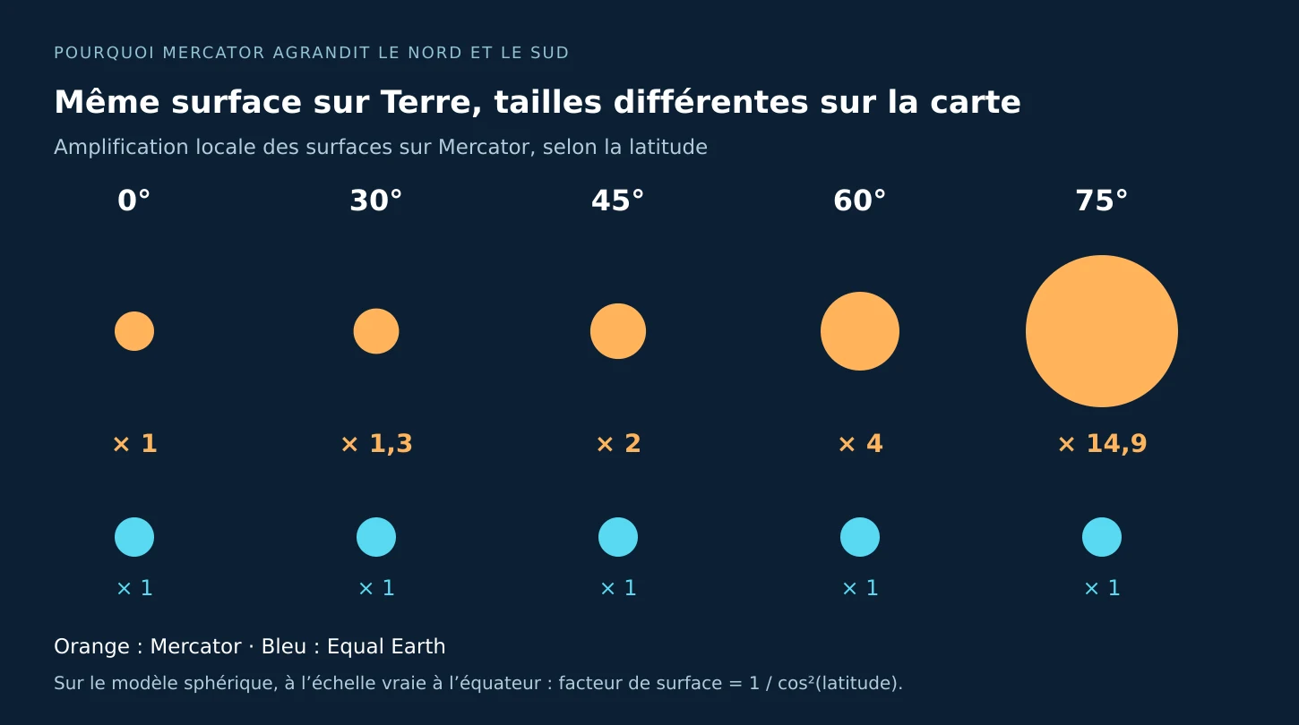 Amplification locale des superficies sur Mercator : facteur 1 à l’équateur, environ 1,3 à 30 degrés, 2 à 45 degrés, 4 à 60 degrés et 14,9 à 75 degrés. Equal Earth conserve le facteur de superficie.
