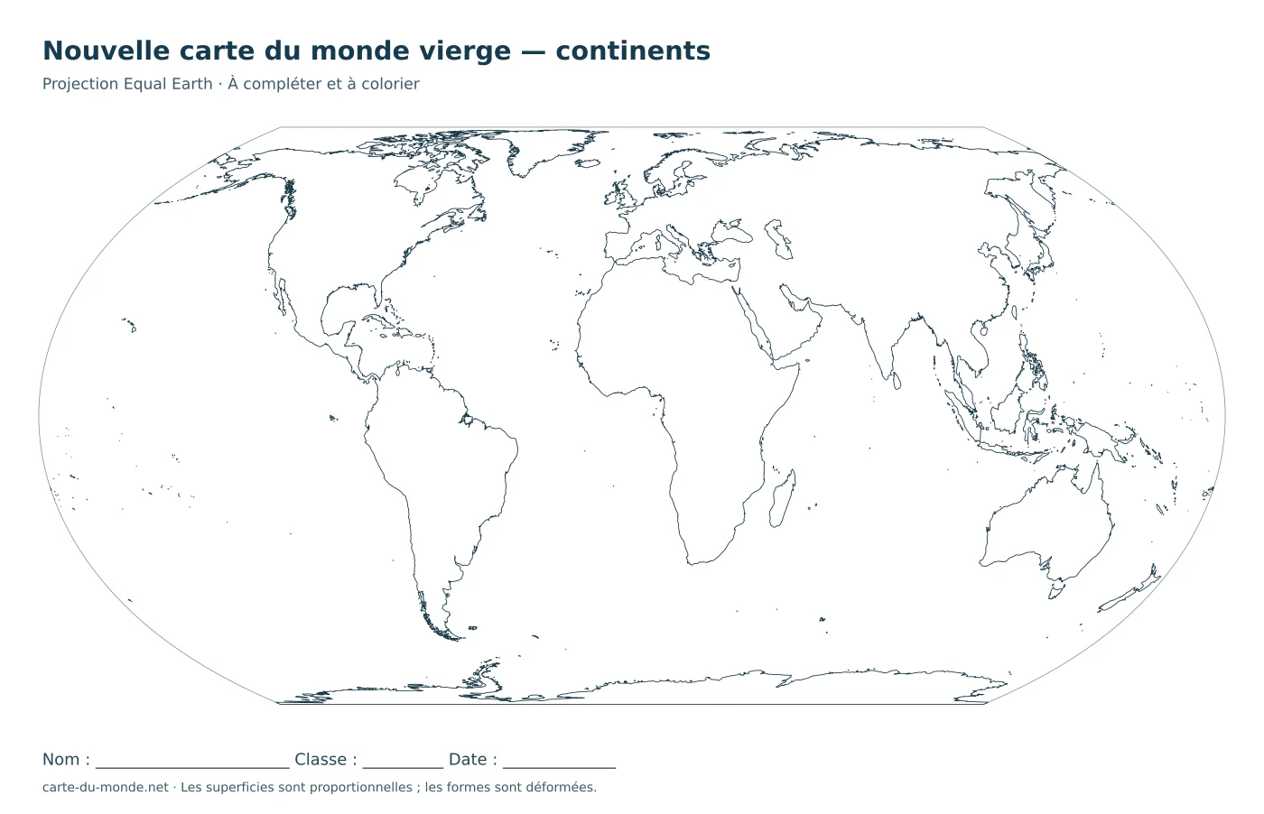 Nouvelle carte du monde vierge Equal Earth : contours des continents en noir et blanc, sans noms ni frontières intérieures.