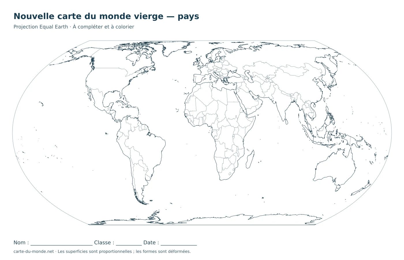 Nouvelle carte du monde vierge Equal Earth avec frontières et sans noms de pays, à compléter et à colorier.