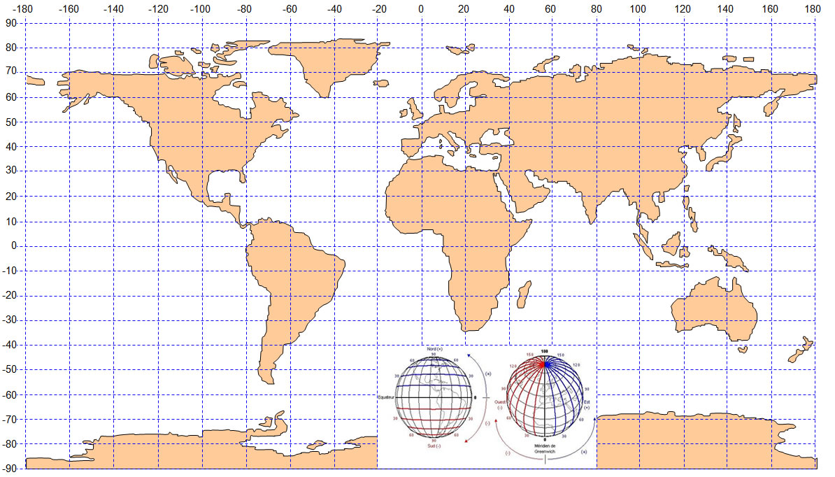 Carte mondiale des coordonnées géographiques : latitude et longitude