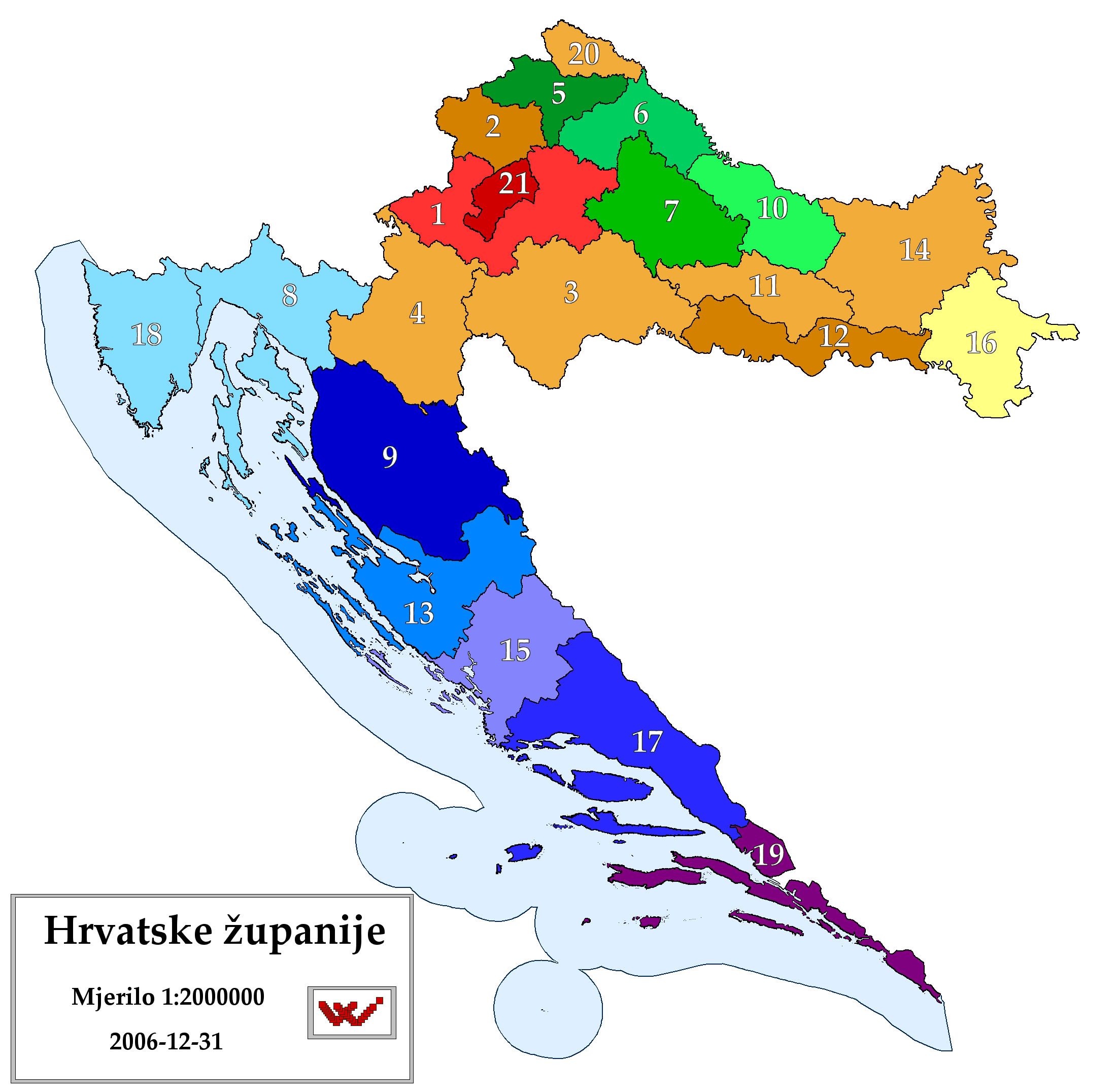 Carte Croatie vierge numéros régions