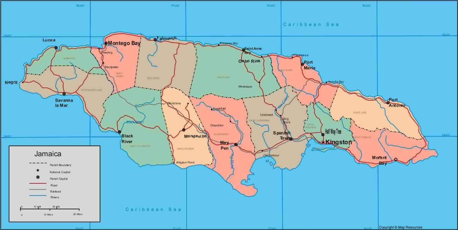 Carte régions Jamaïque